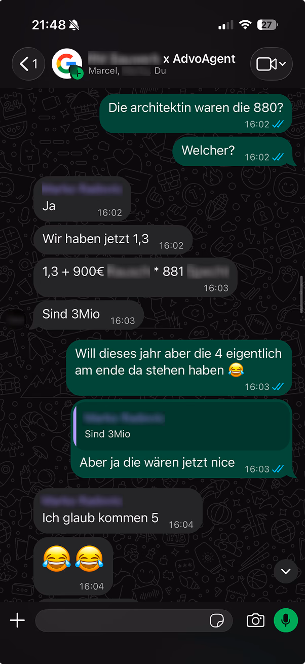 WhatsApp-Gespräch über ein Auftragsvolumen von drei Millionen Euro.